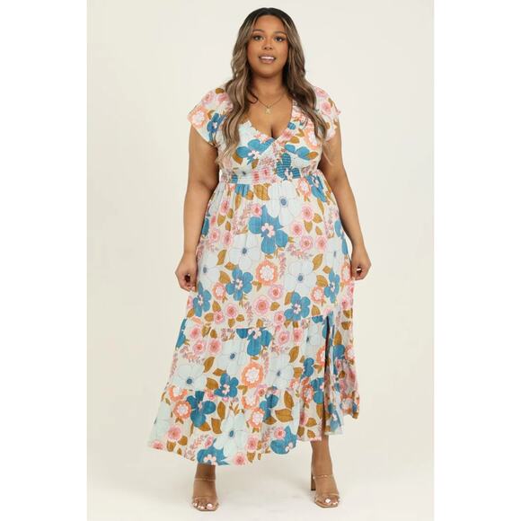Angie Retro Floral Maxi Dress Womens Size XL Mint Metallic Smocked Boho Beachy - Picture 1 of 8